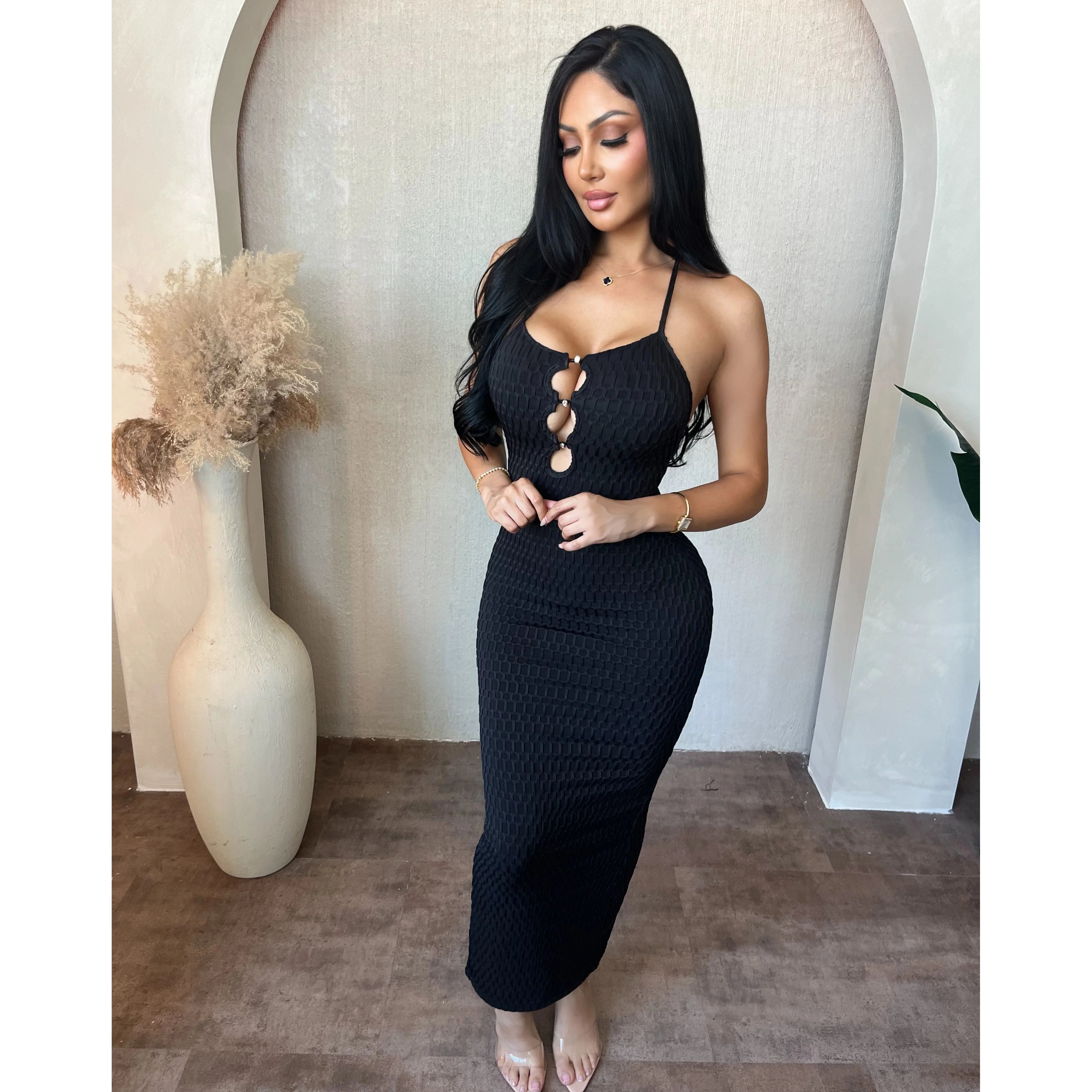 Rebecca Long Dress W Neck Tie (Black)